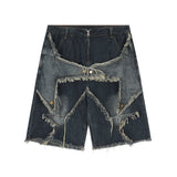 2000s fashion Fashion Brand American Five-Pointed Star Patch Embroidered Denim Shorts Men's Summer Personality Frayed Cat Beard Straight Shorts