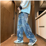 hipster Direct Selling American Flower Straight Jeans Men's Design Print Versatile Casual Mop Long Pants