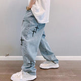 90s fashion men Jeans Men's Autumn National Fashion High Street Cross Patch Embroidered Loose Straight Wide Cow Ins Long Pants