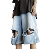 skater boy outfits Summer Fashion Brand Thin Knee Ripped Jeans Men's American-Style Loose Straight Wide-Leg Pants Trendy Shorts