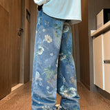 hipster Direct Selling American Flower Straight Jeans Men's Design Print Versatile Casual Mop Long Pants