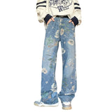 hipster Direct Selling American Flower Straight Jeans Men's Design Print Versatile Casual Mop Long Pants