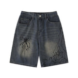 grunge dti Dark Washed Old Hand-Painted Spider Letter Denim Shorts Men's and Women's Same Fashion Brand Loose Wide-Leg Shorts