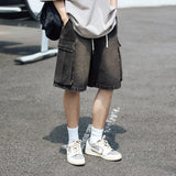 grunge dti High Street Distressed Washed Side Pocket Design Denim Shorts Men's Summer Japanese Casual Loose Drawstring Shorts