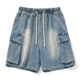 grunge dti High Street Distressed Washed Side Pocket Design Denim Shorts Men's Summer Japanese Casual Loose Drawstring Shorts