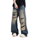 90s streetwear American-Style Retro Ripped Jeans Men's Summer Washed Distressed Loose Wide-Leg Straight Mop High Street Pants