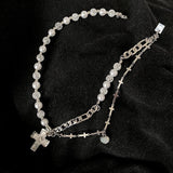 Ceekoo HALF PEARL HALF DOUBLE CHAIN CROSS NECKLACE