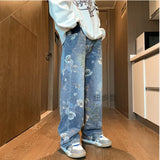 hipster Direct Selling American Flower Straight Jeans Men's Design Print Versatile Casual Mop Long Pants