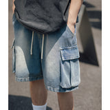 grunge dti High Street Distressed Washed Side Pocket Design Denim Shorts Men's Summer Japanese Casual Loose Drawstring Shorts