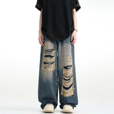 90s streetwear American-Style Retro Ripped Jeans Men's Summer Washed Distressed Loose Wide-Leg Straight Mop High Street Pants