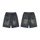 grunge dti Dark Washed Old Hand-Painted Spider Letter Denim Shorts Men's and Women's Same Fashion Brand Loose Wide-Leg Shorts