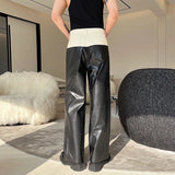 Ceekoo  -  Designer Denim Matching PU Leather Color Contrast Versatile Straight Pants Wide Leg Male Trousers High Street