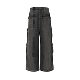 CeekooRO Style Ribbons Wide Leg Multi-Pockets Smoke Grey Baggy Jeans for Men Straight Pantalones Hombre Drawstring Denim Trousers