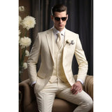 Ceekoo  -  Fashion Ivory Notch Lapel Single Breasted Men Suits Chic Business Office Casual Suit Slim Formal Groom Wedding Tuxedo 3 Piece