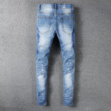 CeekooMen's rhinestone crystal patchwork light blue ripped jeans Slim fit skinny stretch denim pants