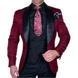 Ceekoo  Men Suits 3 Pieces Burgundy Jacquard Fabric Business Slim Fit Wedding Groom Party Banquet Tuxedo Jacket Vest With Pants