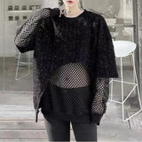 Ceekoo  -  Mens y2k sequin mesh stitching see-through sexy long-sleeved T-shirt autumn genderless nightclub fashion trend long top unisex