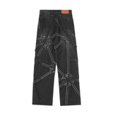 Ceekoo Vintage Gear Patch Punk Jeans High Street Spiderweb Straight Leg Pants Men's Wide Leg Pants Black Cargo Pants Y2k Clothes Baggy