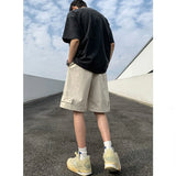 Ceekoo Mens Loose Sports Pants Hip Hop Harajuku Straight Cargo Shorts Solid Black Button Knee Length Drawstring Casual 5 Point Pants