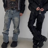 Ceekoo  -  fall outfits Ripped Damaged Coatted Wax Baggy Flare Pants for Men High Street Straight Hole Frayed Leather Distressed Loose Cargos Trousers