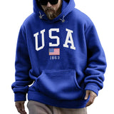 Ceekoo  -  Autumn Winter Warm Thick USA Embroidered Fleece Hooded Sweatshirt Men's Casual Sports Pullover Fashion streetwear