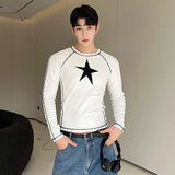 Ceekoo  -  Men's T-shirt Fashion Pullover Long Sleeve T-shirt Round Collar Contrast Color Geometric Patter Pathchwork Male Top 9A8650