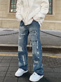 Ceekoo  -  Blue High Street Jeans Men's Solid Color Hole Do Old Straight Leg Pants Loose Button Pockets Y2K Trousers A170