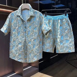 Ceekoo  -  Ethnic Style Scalding Gold Flower Shirts And Shorts Two Piece Set Mens Fashion Short Sleeved Suits Summer Casual Loose Outfits