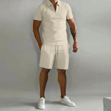 Summer Casual Men's Two-Piece Short Sleeved Zippered Polo Shirt And Shorts Set Men's Hawaii Simple Solid Color Two-Piece Set