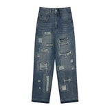 Ceekoo  -  Blue High Street Jeans Men's Solid Color Hole Do Old Straight Leg Pants Loose Button Pockets Y2K Trousers A170