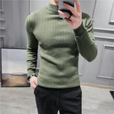 Ceekoo 10 Colors Dark Vertical Stripes Solid Color Half Turtleneck Knit Sweater Men Solid Color Long-sleeved Slimming Sweater Pullovers