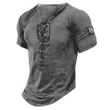 Ceekoo  -  New Men V-neck Vintage T-shirt Short Sleeve Casual Cotton Tee Top Summer Fashion Lace Up 3D Digital Printed Tshirts Man Clothing