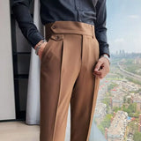 Ceekoo  -  Fashion Slim Fit Pencil Pants Naples Suit Pant For Men High Waist Button  Business Casual Straight Trousers Korean Cropped Pants