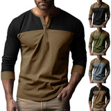 Ceekoo  -  Autumn Men's Retro Long-sleeved T-shirt Fashion Color Matching V-neck Henry Collar Bottoming Shirt Casual Sports Shirt