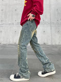 Ceekoo  -  Spring and Autumn High Street Jeans for Men Y2K Straight-leg Pants Splash-ink Button Pocket Washed Trousers A167