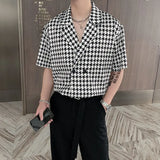 Ceekoo  New Plaid Houndstooth Print Shirt for Men Double-breasted Half Sleeved Cuban Collar Trend Loose Drape Casual Shirts Men