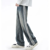 ceekoo  Autumn Winter American Striped Loose Jeans Men Students Loose Straight Wide Leg Long Pants Pocket