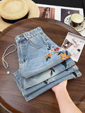 Ceekoo  National Style Embroidered Fashion Jeans for Women Spring Summer 2024 New Wide Leg Straight High Waist All-Matching Denim Pants