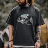 Ceekoo  -  Retro Deep Sea Fish Flocked Print T-shirt Animal Pattern Round Neck Short-sleeved Tops for Men's Summer Tee