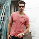 Ceekoo 100% Cotton Men T-shirt V-neck Fashion Design Slim Fit Soild T-shirts Male Tops Tees Short Sleeve T Shirt For Men