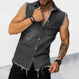 Ceekoo Spring Summer Casual Jean Vest Tops Men Fashion Sleeveless Buttoned Lapel Denim Tank Tops Streetwear Mens Denim Vest Shirts