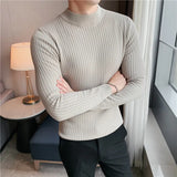 Ceekoo 10 Colors Dark Vertical Stripes Solid Color Half Turtleneck Knit Sweater Men Solid Color Long-sleeved Slimming Sweater Pullovers