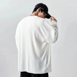 Ceekoo  Spring White V-Neck Pleated Stripe T-Shirt Men Large Size Silky Soft Long Sleeved T-Shirt Summer Loose Bottomed Shirt