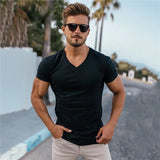  Ceekoo Gym T-shirt Men Fashion V Neck Short Sleeve Cotton Tshirt Slim Fit Sports Tee Shirt Bodybuilding Fitness Workout Summer Clothing