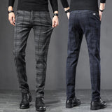 Ceekoo  Autumn Men's Brushed Plaid Casual Pants Fashion Korean Elastic Cotton Slim Straight Work Trousers Brand Clothes Black Gray Blue