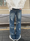 Ceekoo  -  Blue High Street Jeans Men's Solid Color Hole Do Old Straight Leg Pants Loose Button Pockets Y2K Trousers A170