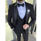 Ceekoo  -  Fashion Black Men Suits 3 Piece (Jacket+Vest+Pants) Shawl Lapel Single Button Gentleman Wedding Tuxedo Prom Party Banquet Suit