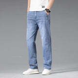 Ceekoo Thin Jeans Men's Loose Straight Pants Fashion Elastic Waist Stretch Cotton Business Casual Denim Trousers Light Blue