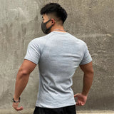 Ceekoo Summer New Men's T-Shirt Henry Shirt V-Neck Short Sleeved Cotton Slim Fit Elastic Gym Sports Fitness T-Shirt Sportswear Top