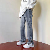  Ceekoo Spring New Streetwear Men's Slim Fit Vintage Blue Skinny Jeans Korean Fashion Side-breasted Slit Hole Denim Pants Male